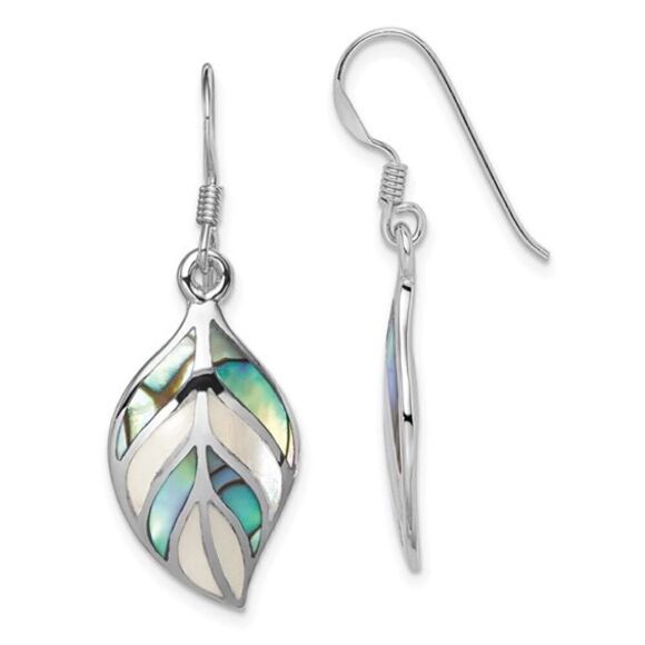 New Sterling Silver Leaf Mother of Pearl and Abalone Dangle Earrings - Picture 2 of 4